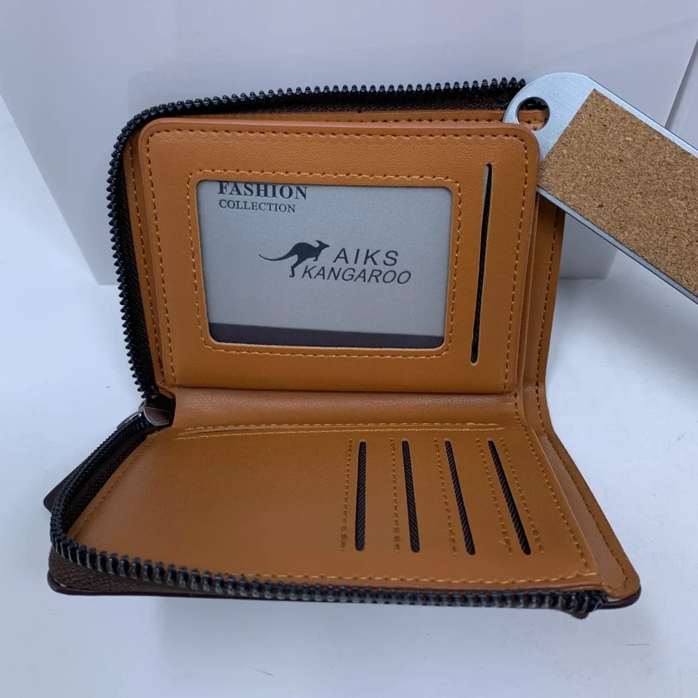 AIKS Kangaroo Mens Dark Brown Leather Zipper Closure RFID Blocking Wallet New